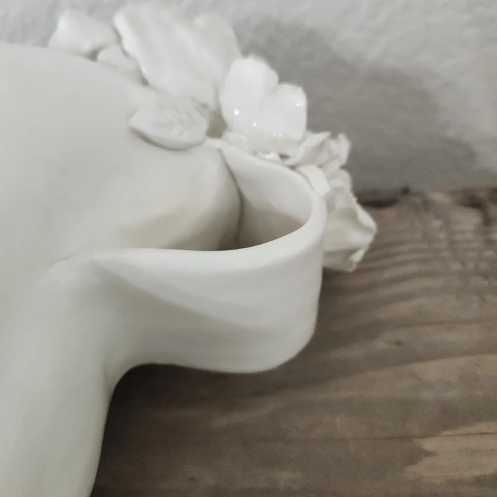 Vintage Handmade White Bird Flower  Delicate Ceramic Pitcher Vase